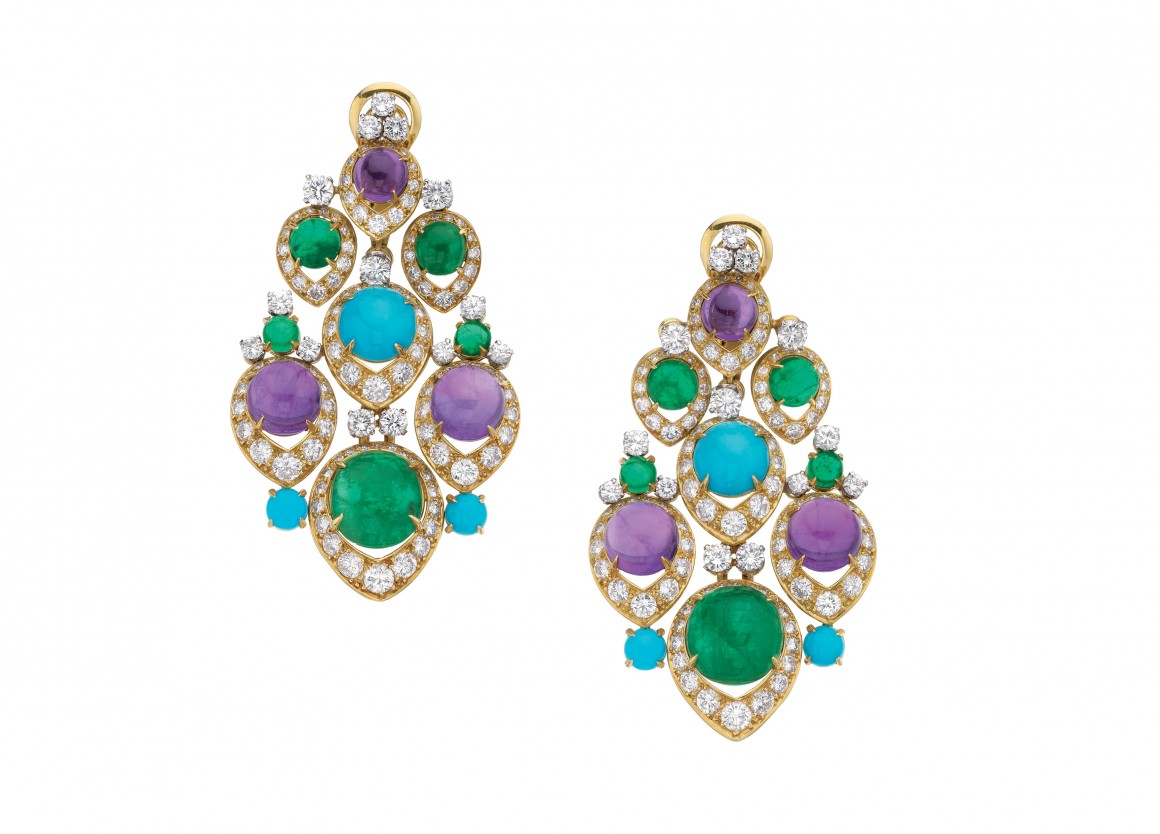 Pendant earrings with emerald amethysts, turquioise and diam9onds; 1965 Bulgari Heritage Collection