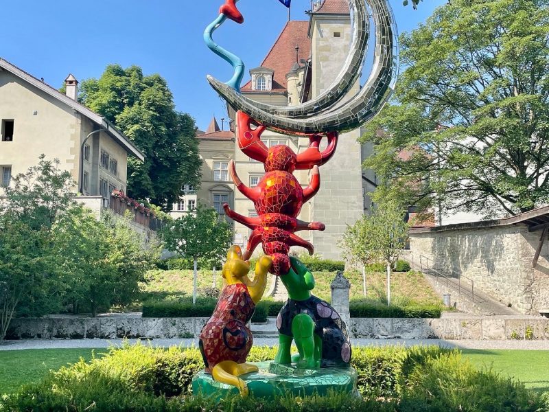 The artist Niki de Saint Phalle's skeleton sculpture in Fribourg's Museum of Art and History.